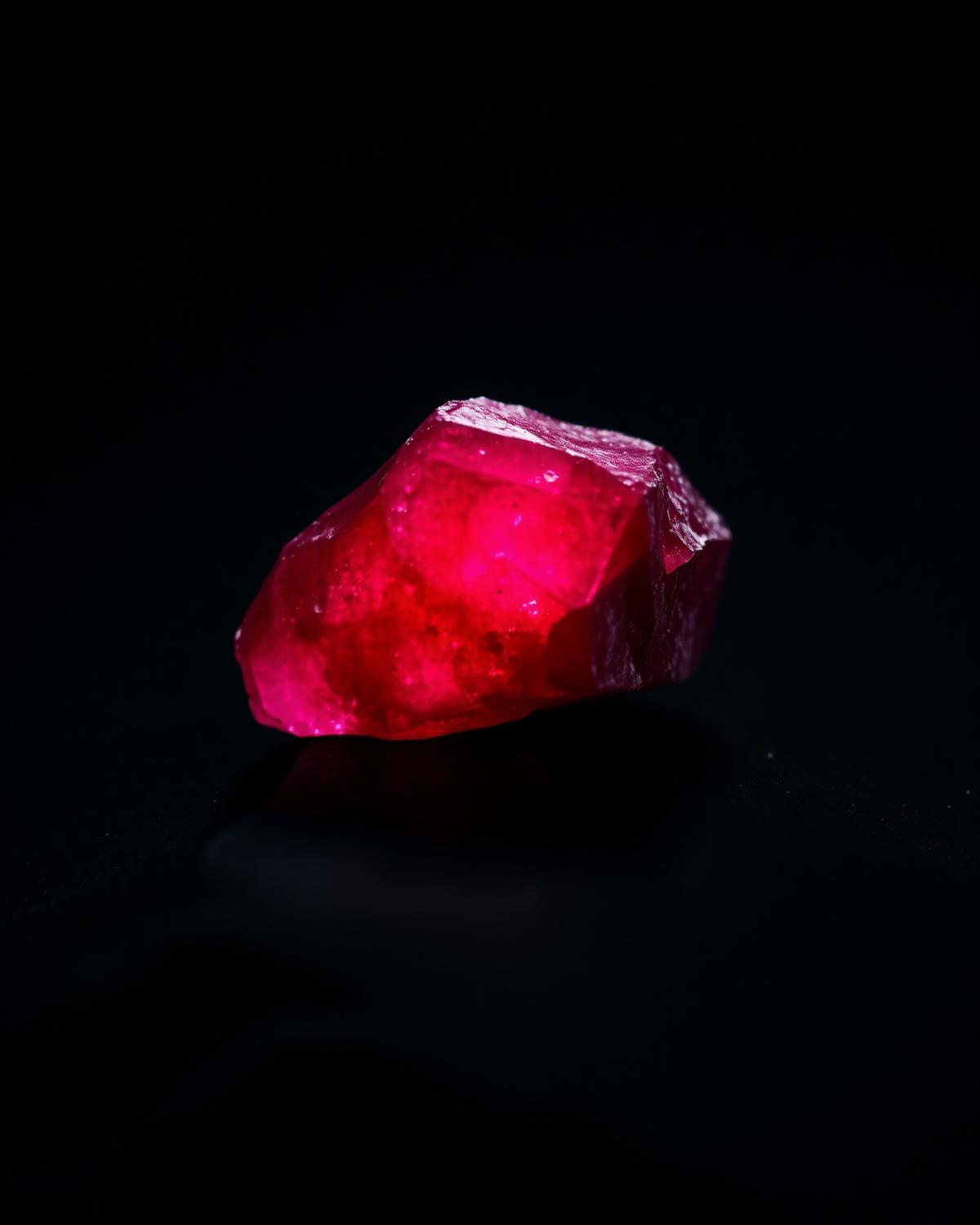 Raw ruby crystal glowing on dark stone