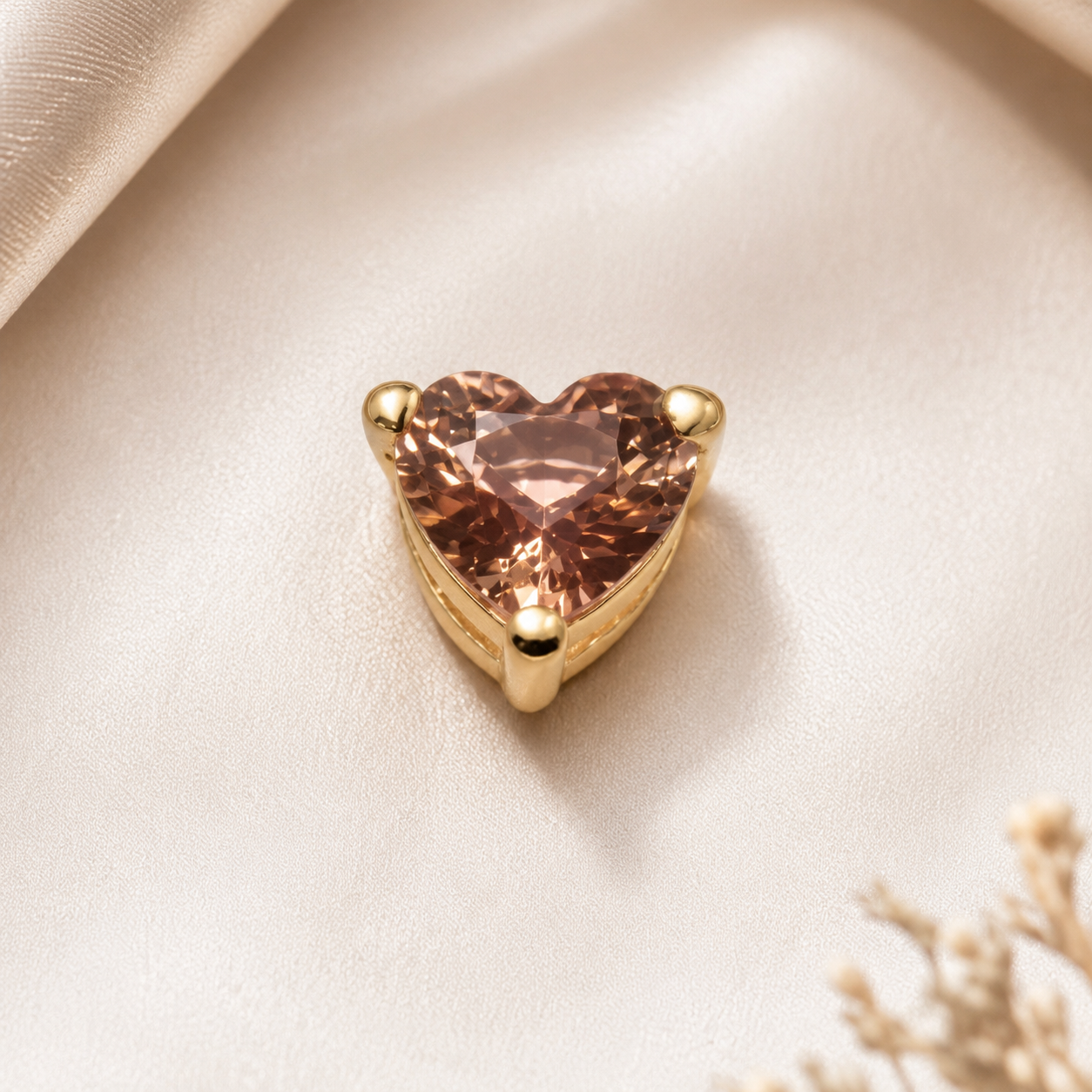 Close-up of champagne golden natural sapphire heart pendant